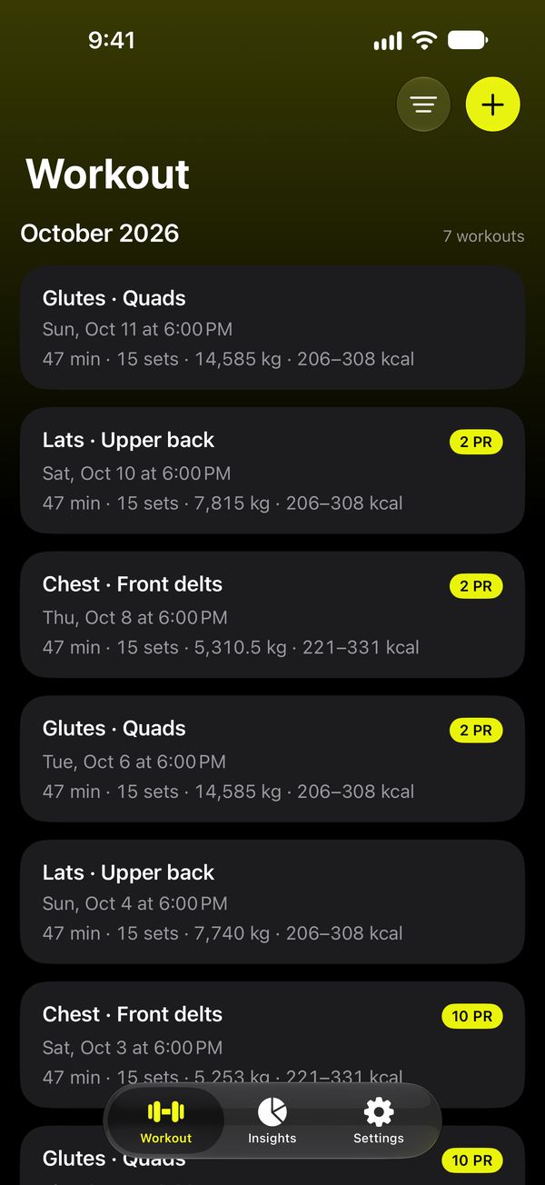 Workout history cards with duration, sets, volume and records.